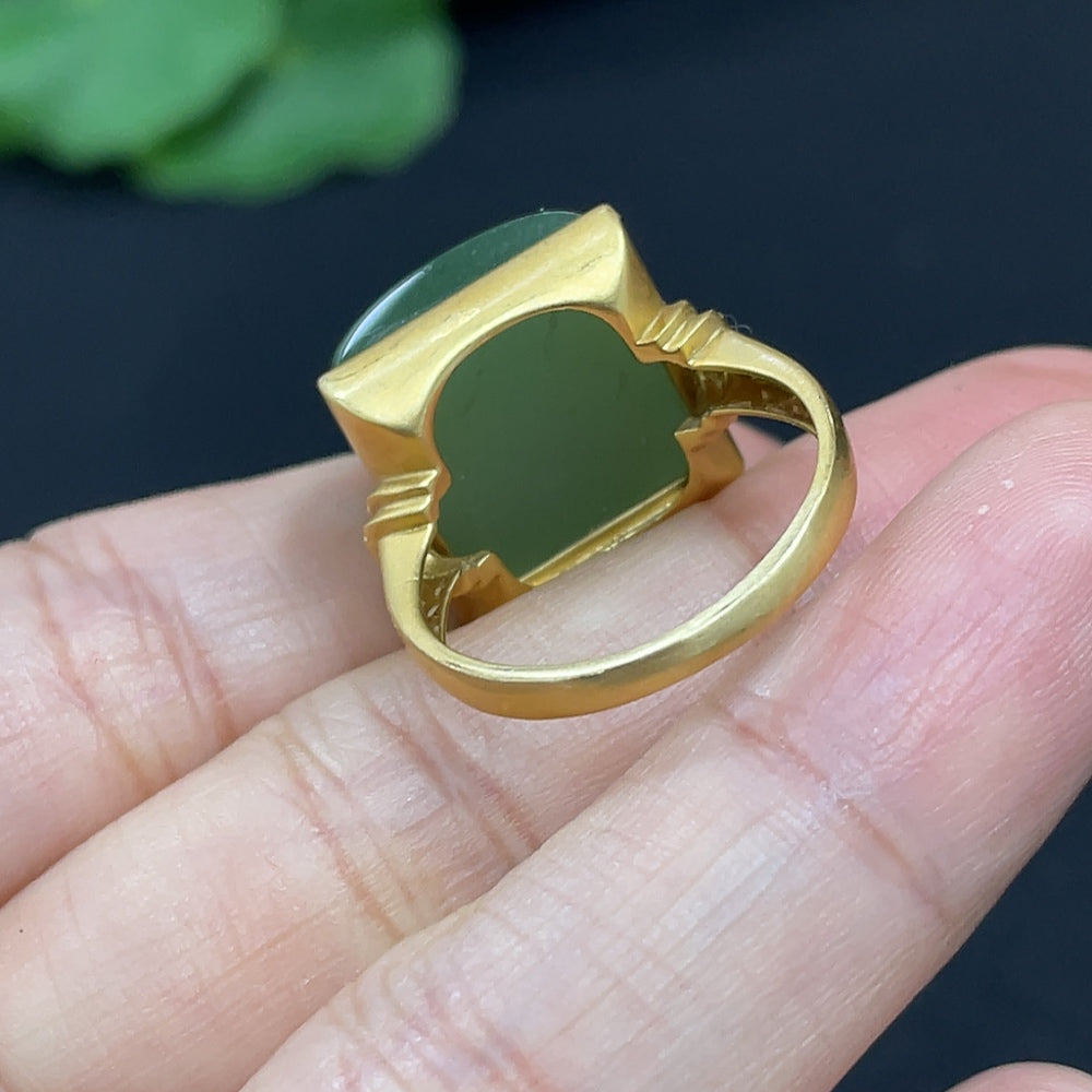 Hetian Jade Jasper Inlaid Ring, 18k Gold, Size 12, Total Weight Approx. 6.2g, Diamond Accents