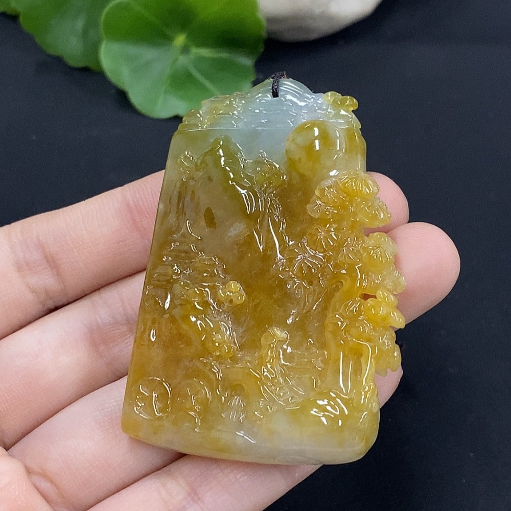 Jadeite landscape pendant with intricate natural jade design, weighing approximately 43.4g, by HUILIU HQ.
