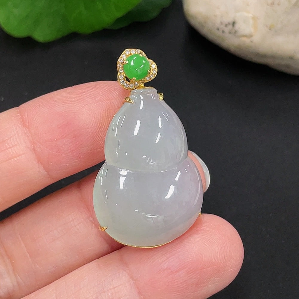 Jadeite Gourd Inlaid Pendant . (With Diamond Accents) | Huiliu Certified