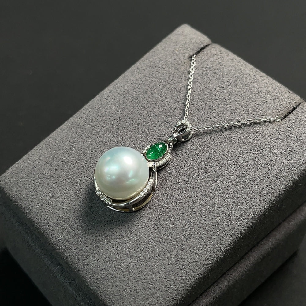 Seawater Pearl Pendant with Emerald, Clarity Enhanced, Accented with Diamonds, 18K Gold Pendant, Non-Gold Other Components, Size About 12.5mm