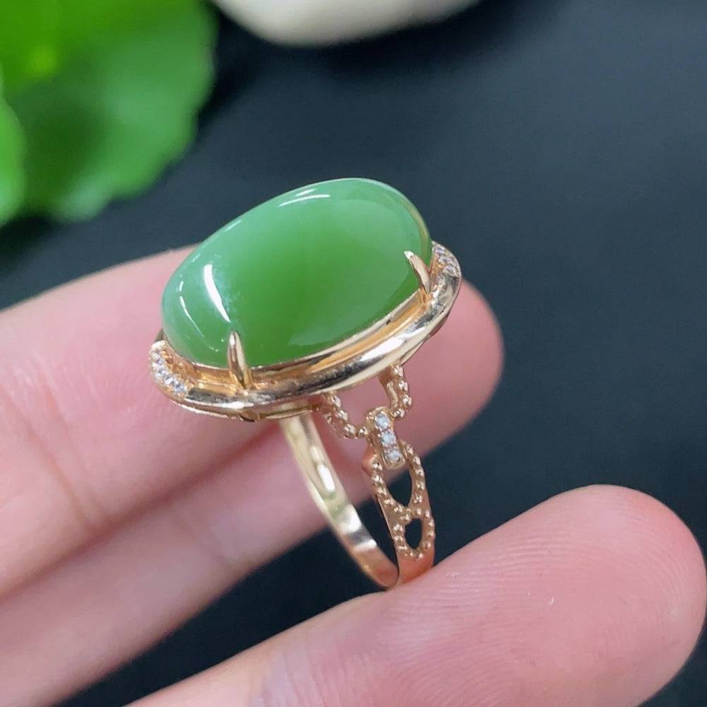 HUILIU HQ Hetian Jade Jasper inlaid ring in 18k gold, size 14, with non-diamond jade design, weight approx 3.1g