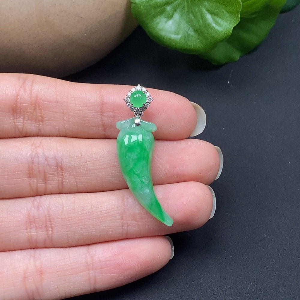 Jadeite pendant chili with diamond accents on 18K gold necklace, elegant jewelry piece featuring vibrant green jadeite.