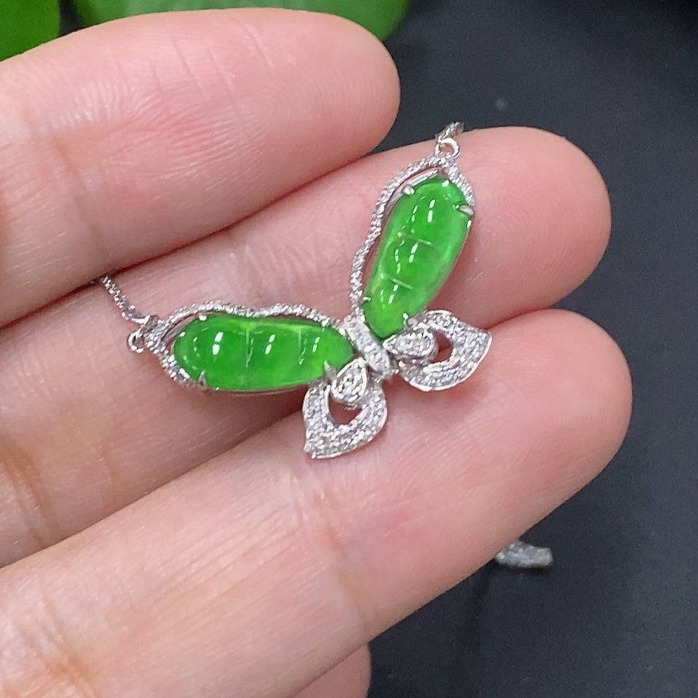 Huiliu Jadeite Blessing Bean Pendant with Diamond accents, featuring a polished green jade gemstone and intricate design.