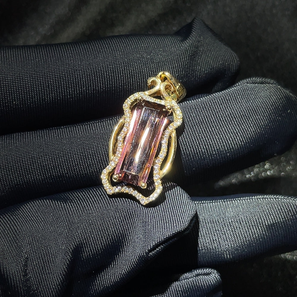 Tourmaline inlaid pendant with 18k gold setting, gemstone jewelry, by HKHQ, showcasing colorful gemstone details and gold craftsmanship.