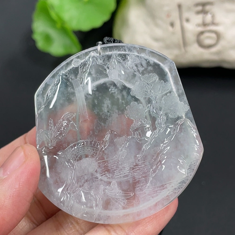 HUILIU HQ jadeite pendant with landscape plaque, including rope, weighing 23.84g, featuring detailed carved natural jade design