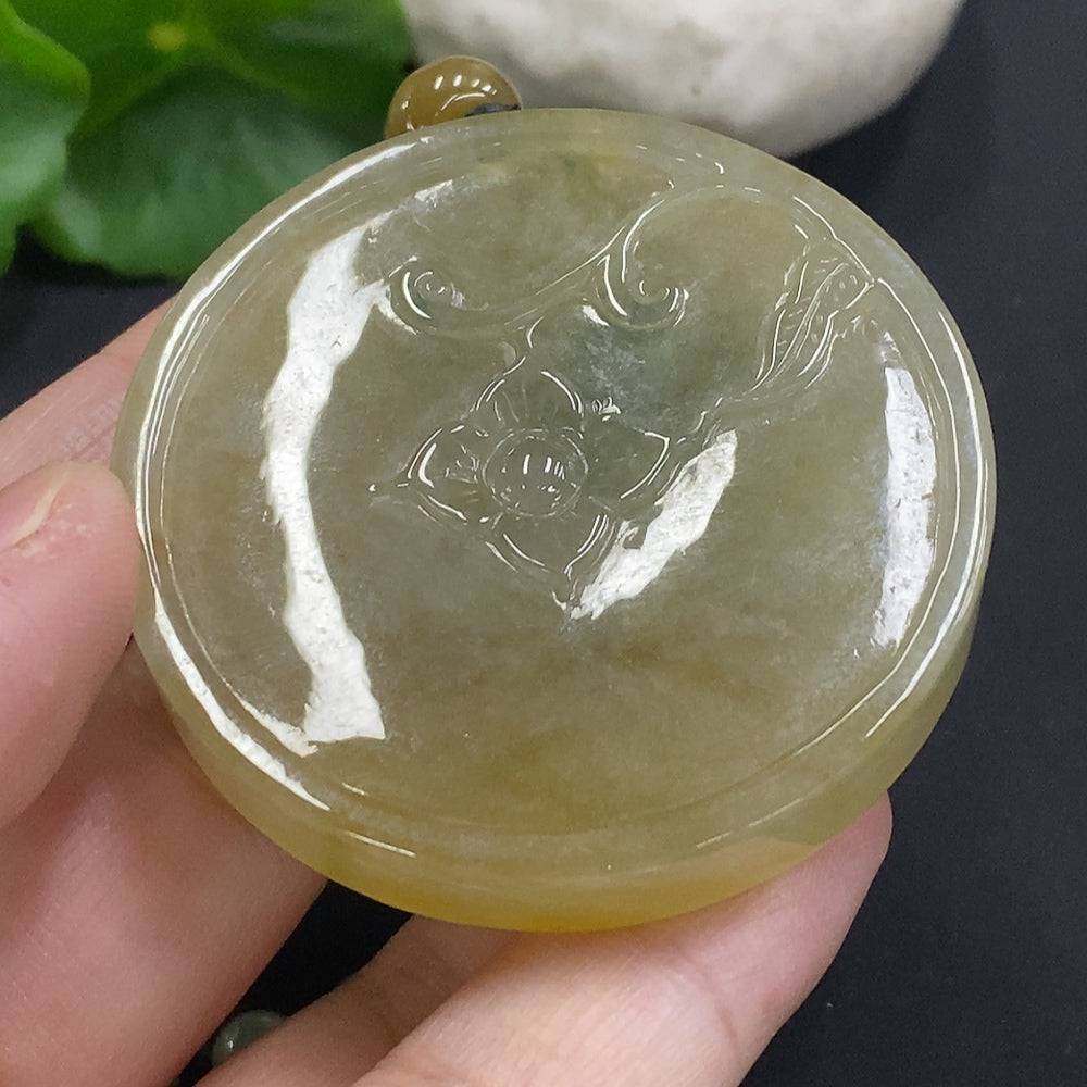Huiliu Jadeite Flower of Wealth and Honor pendant with chain, showcasing intricate jade design and vibrant green color.