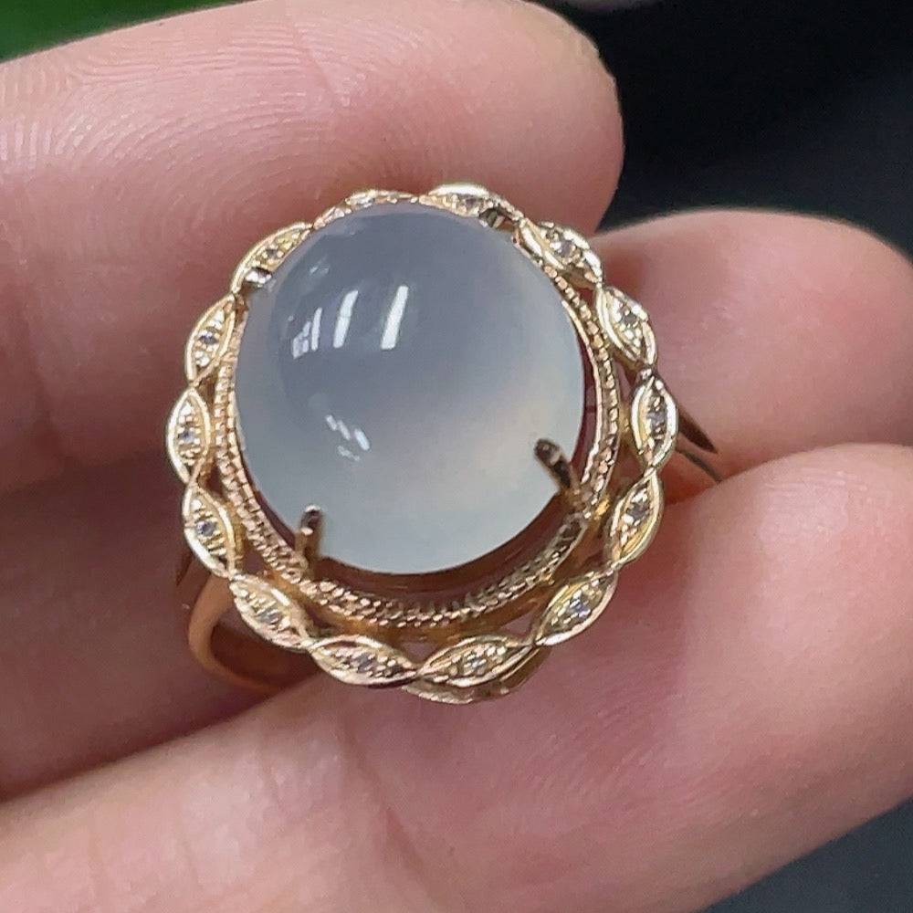 HUILIU HQ jadeite inlaid ring with 18k gold and diamond accents, size 13, weighing approximately 3.4 grams.