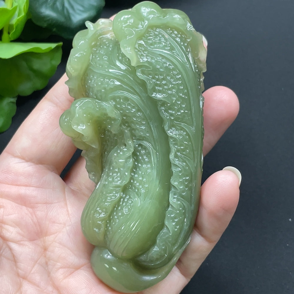 Hetian Jade cabbage pendant necklace by HKHQ featuring a detailed jade carving on a delicate chain.