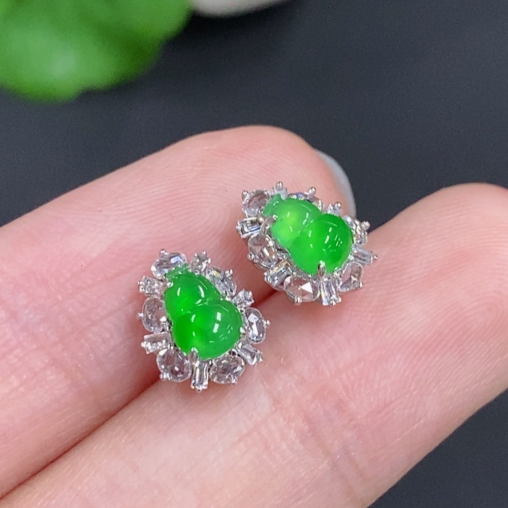 Jadeite Gourd Inlaid Earrings 18k Gold with Diamond Accents