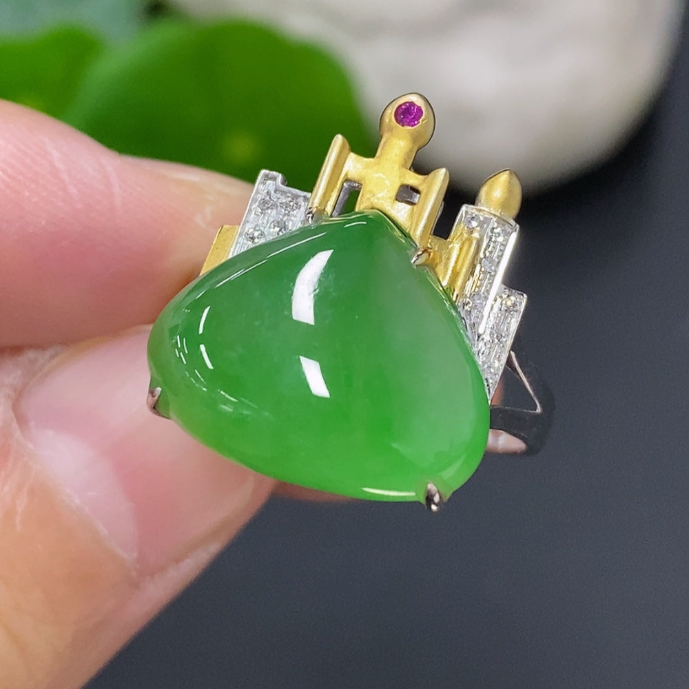 Jadeite Inlaid Ring 18K Gold (Colorless Accent Stones are Diamonds)
