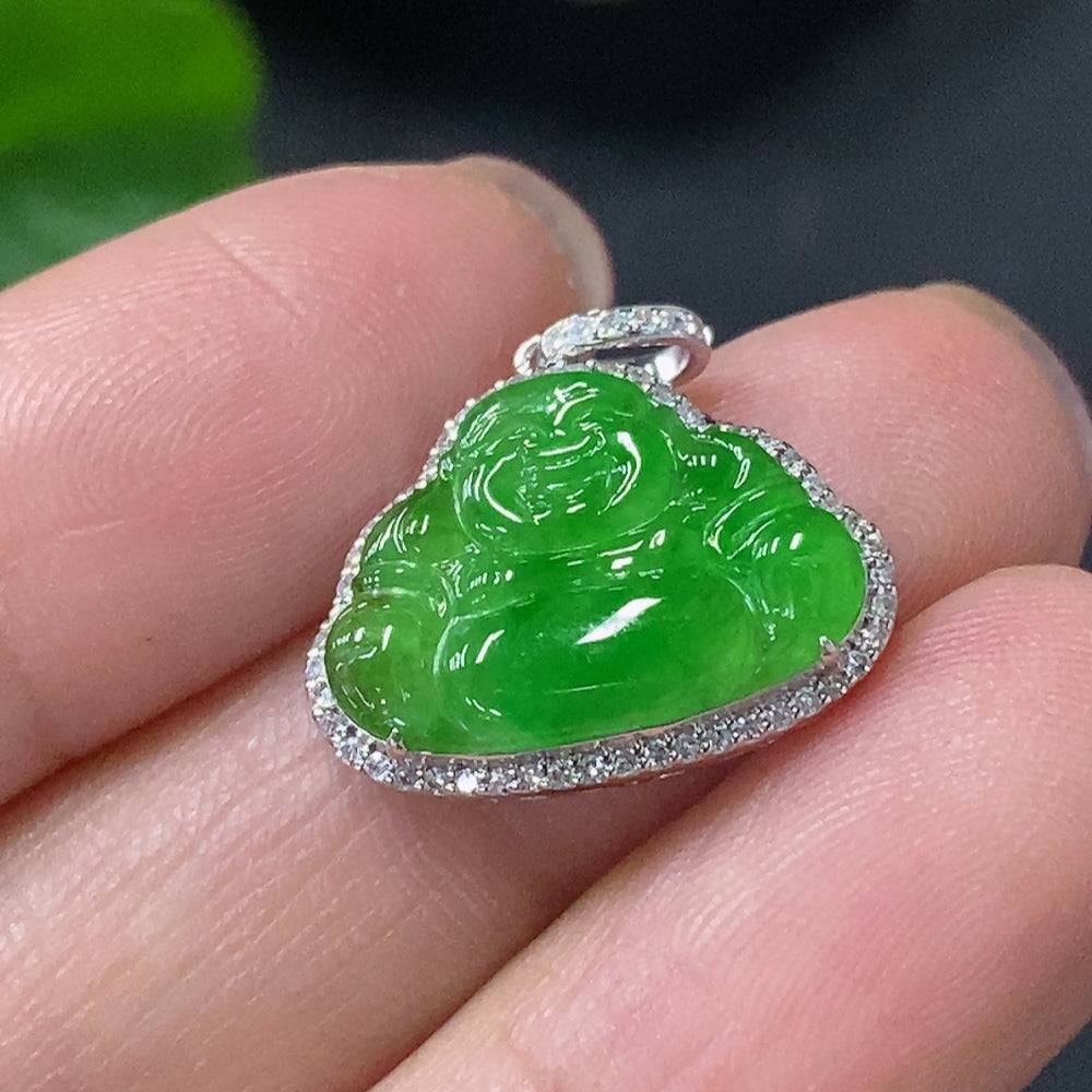 Jadeite Buddha pendant by HUILIU HQ featuring 18K gold accents and diamond details, shown close-up on a neutral background.