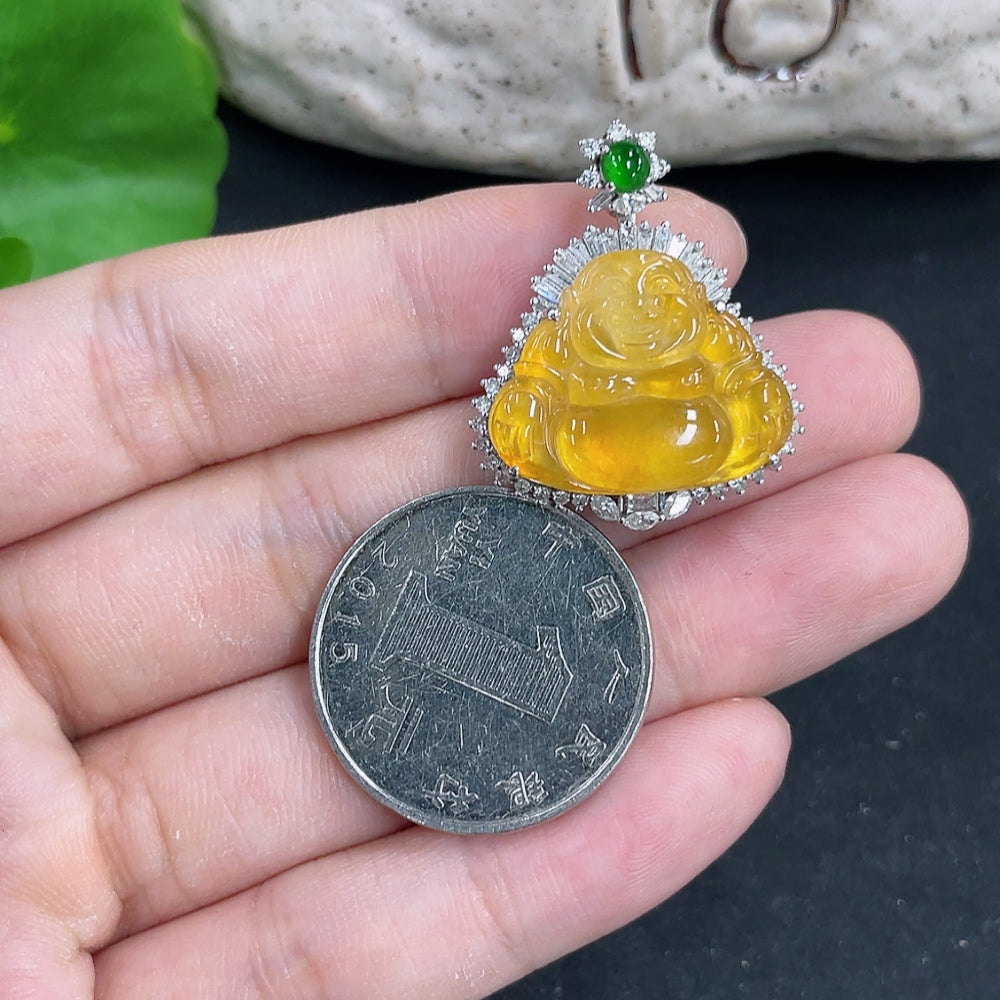 Jadeite Pendant Buddha, Total Weight Approx. 6.99g, 18K Gold with Diamond Accents, Color Origin Undetermined