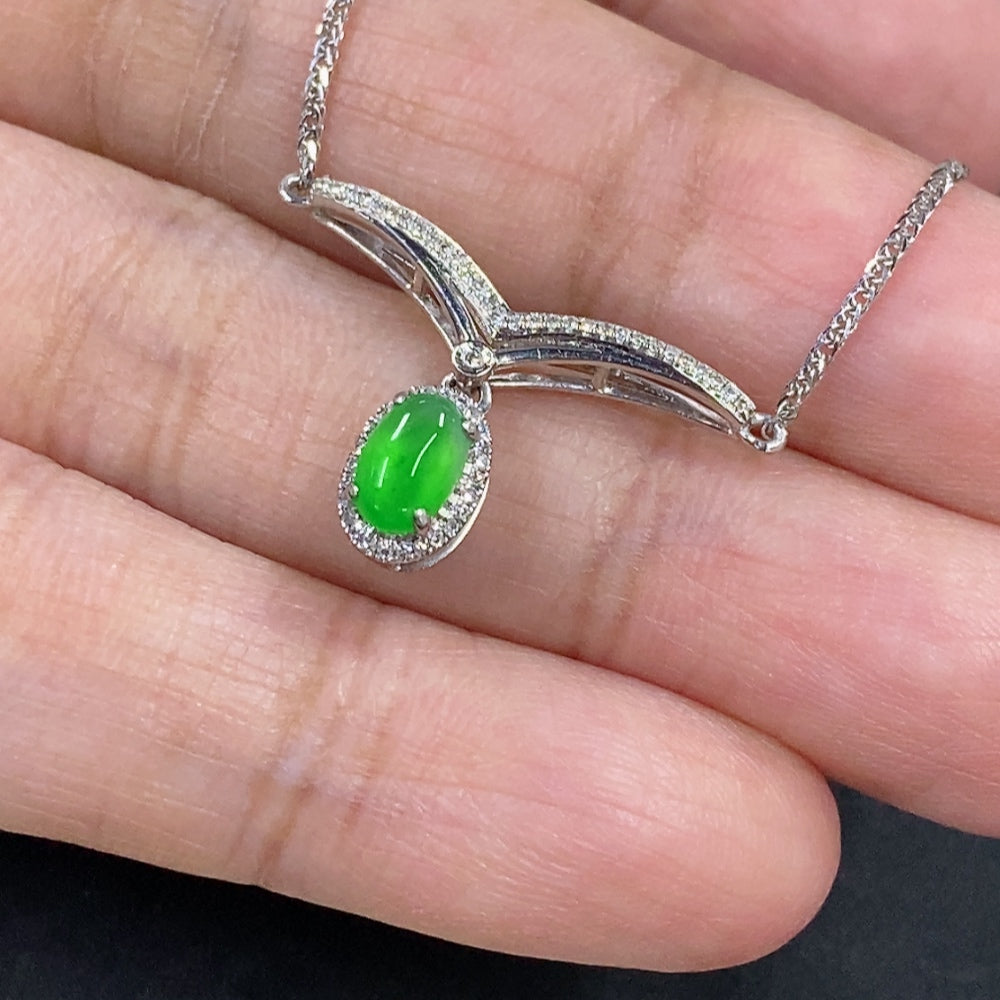 Jadeite Cabochon Pendant Necklace with 18K Gold and Diamond Accents