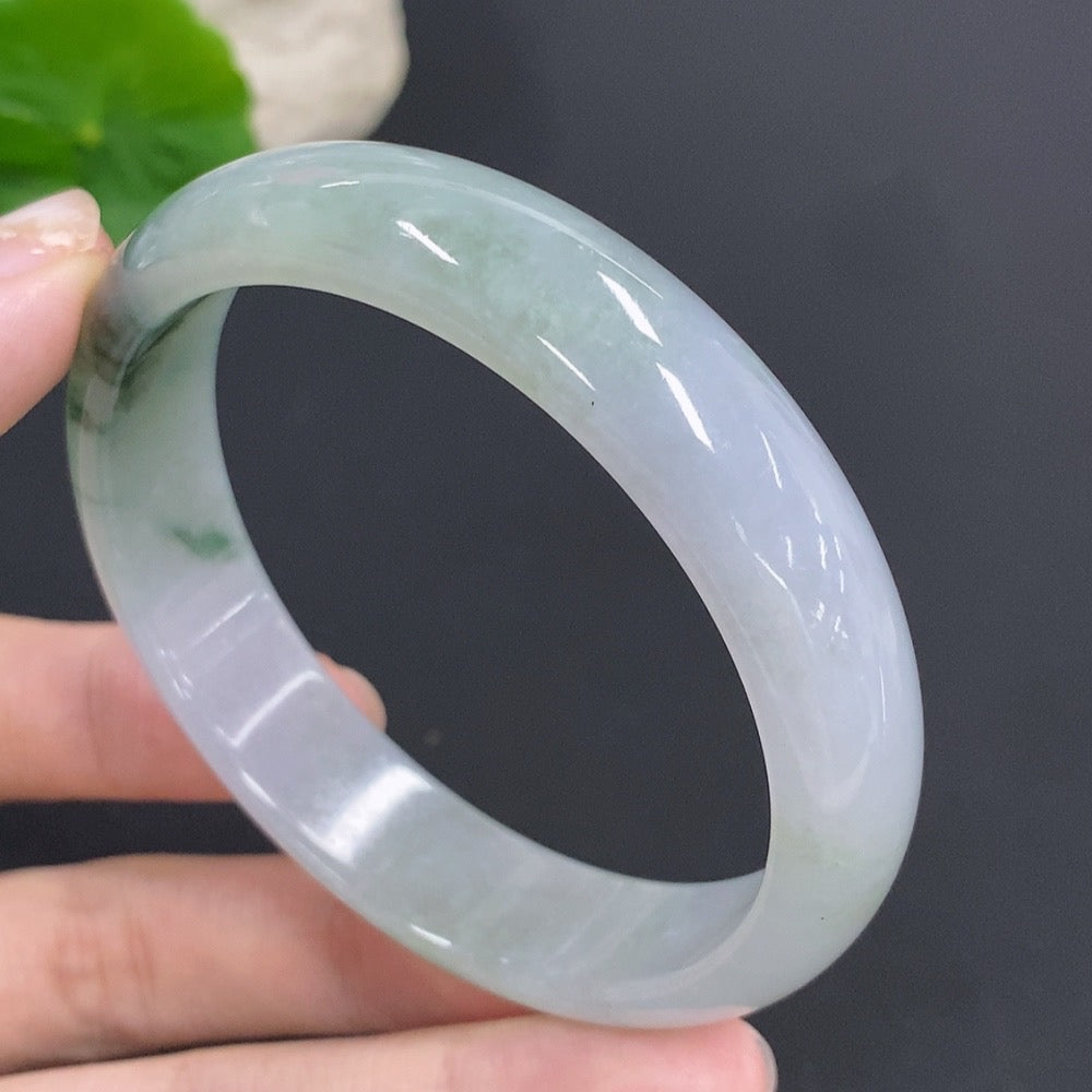 HKHQ jadeite round bangle, 48.4g, size 58, smooth polished green jade jewelry bracelet on white background