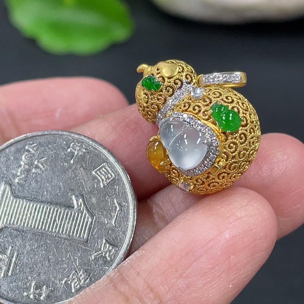Jadeite Gourd Pendant with 18K Gold and Diamond Accents