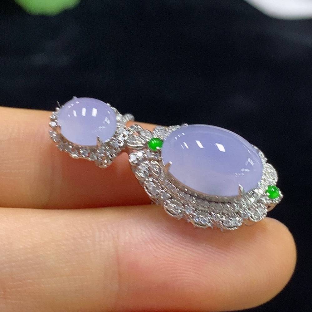 Jadeite cabochon pendant with diamond accents on 18k chain, non-gold jewelry by HUILIU HQ, weighing approximately 3.24g excluding chain.