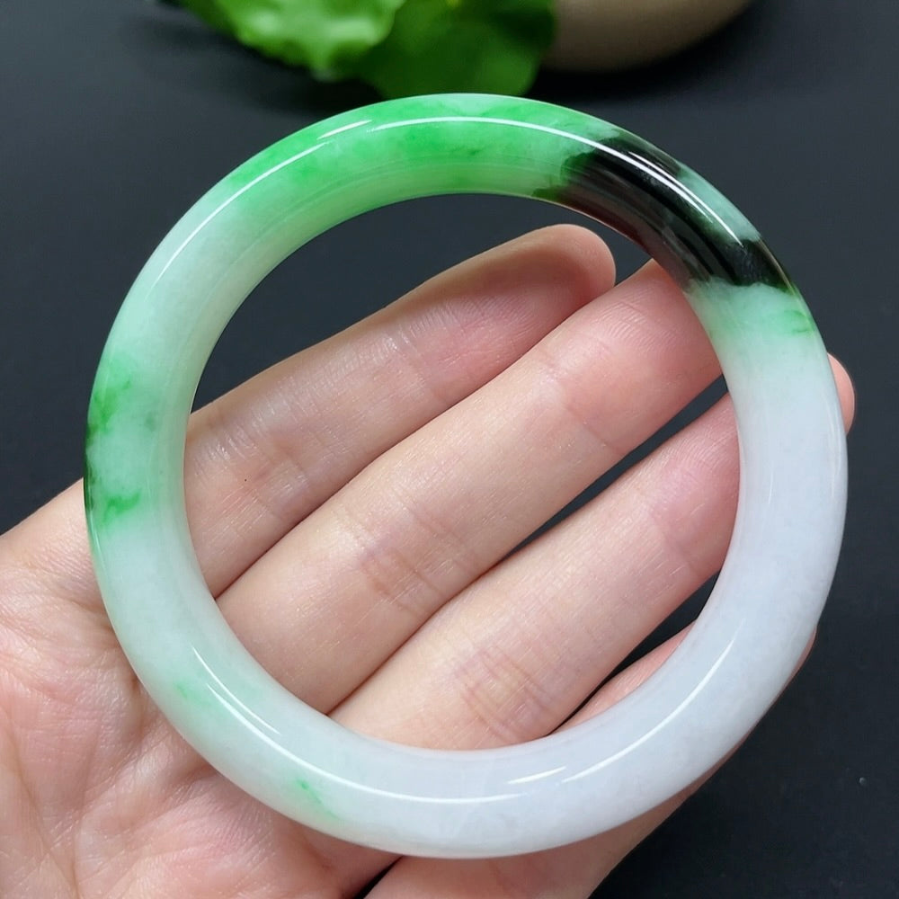 HKHQ jadeite round bangle in size 52.5, weighing 51.35g, featuring smooth, polished jadeite with a glossy finish.