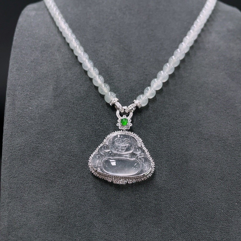 Jadeite Inlaid Buddha Pendant with 18K Gold and Diamond Accents