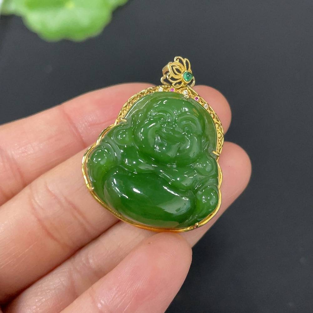 Huiliu HQ Hetian Jade Inlaid Buddha sculpture with non-diamond accents, showcasing detailed craftsmanship and polished jade surface.