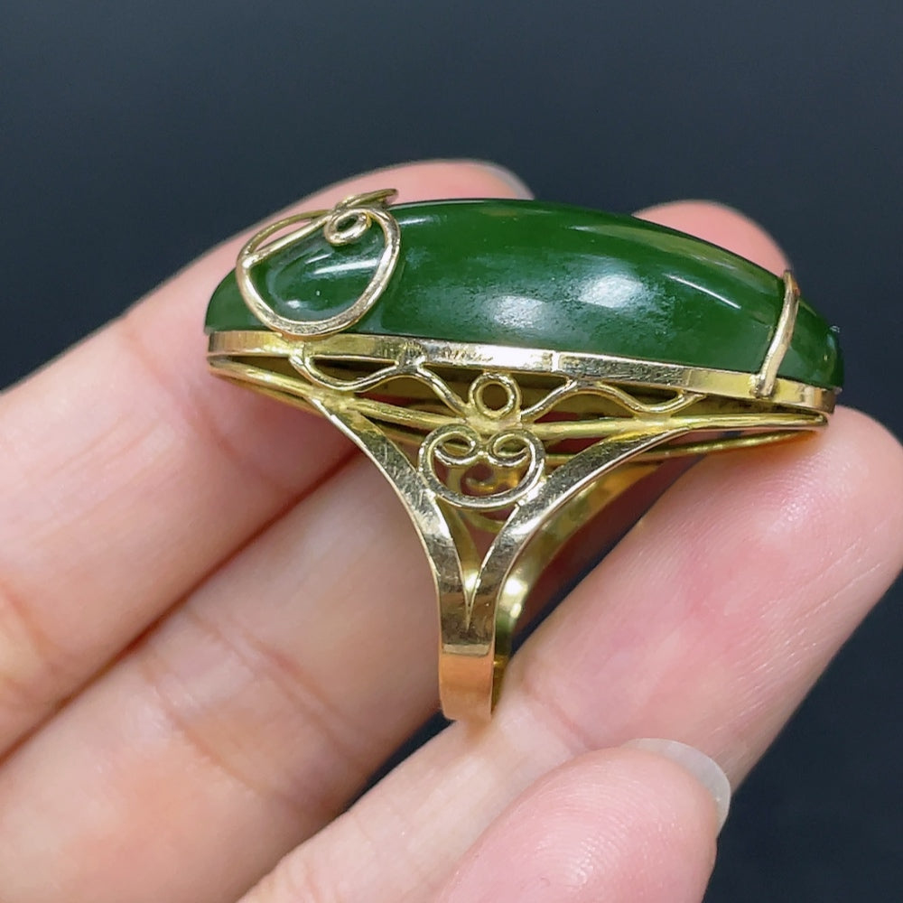 Hetian Jade Cabochon Ring with Tested 75% Gold Setting