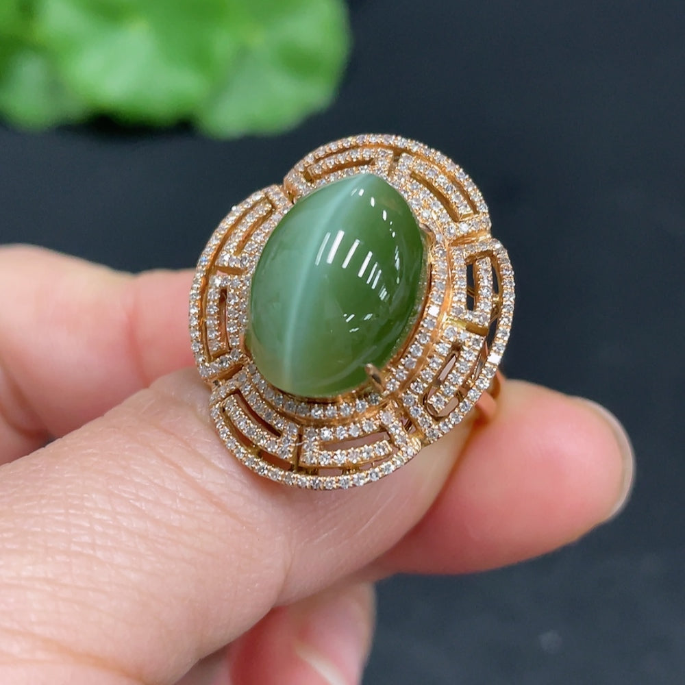 Huiliu Hetian jade jasper cabochon ring and pendant set with diamond accents, featuring convertible jewelry design.