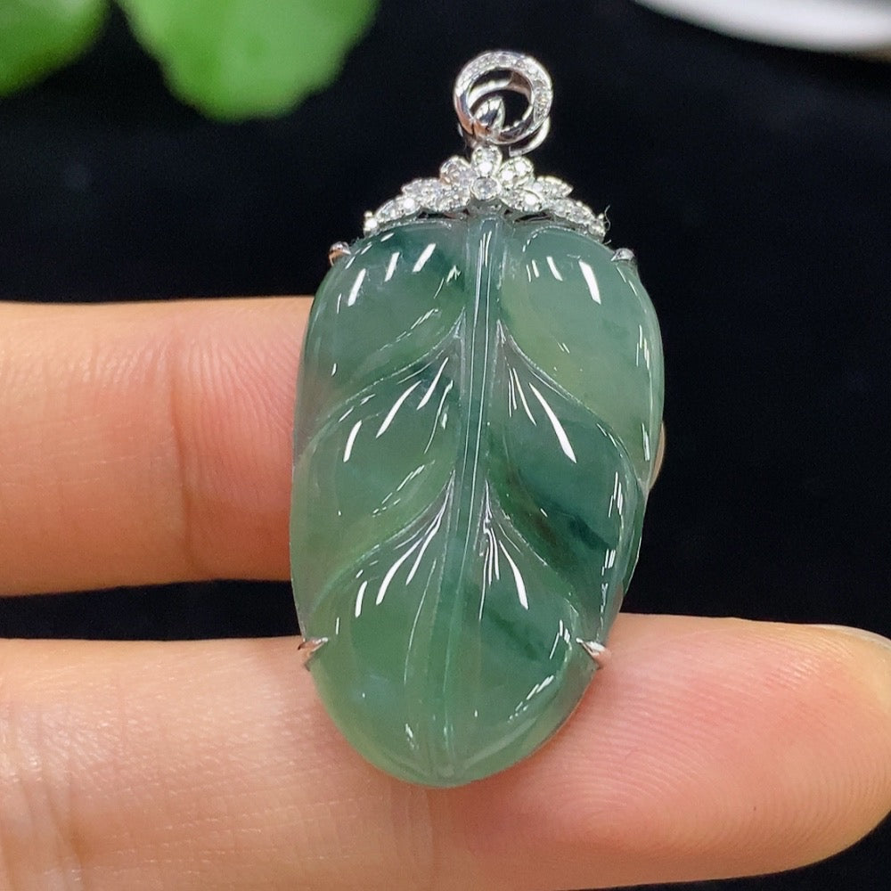 Jadeite Leaf Inlaid Pendant 18k with Diamond Accents Total Weight Approximately 4.65g