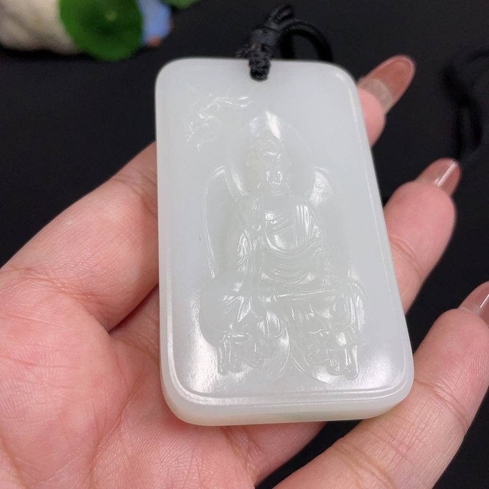 Huiliu certified Hetian jade Guanyin pendant with rope, featuring intricate carvings and smooth polished surface.