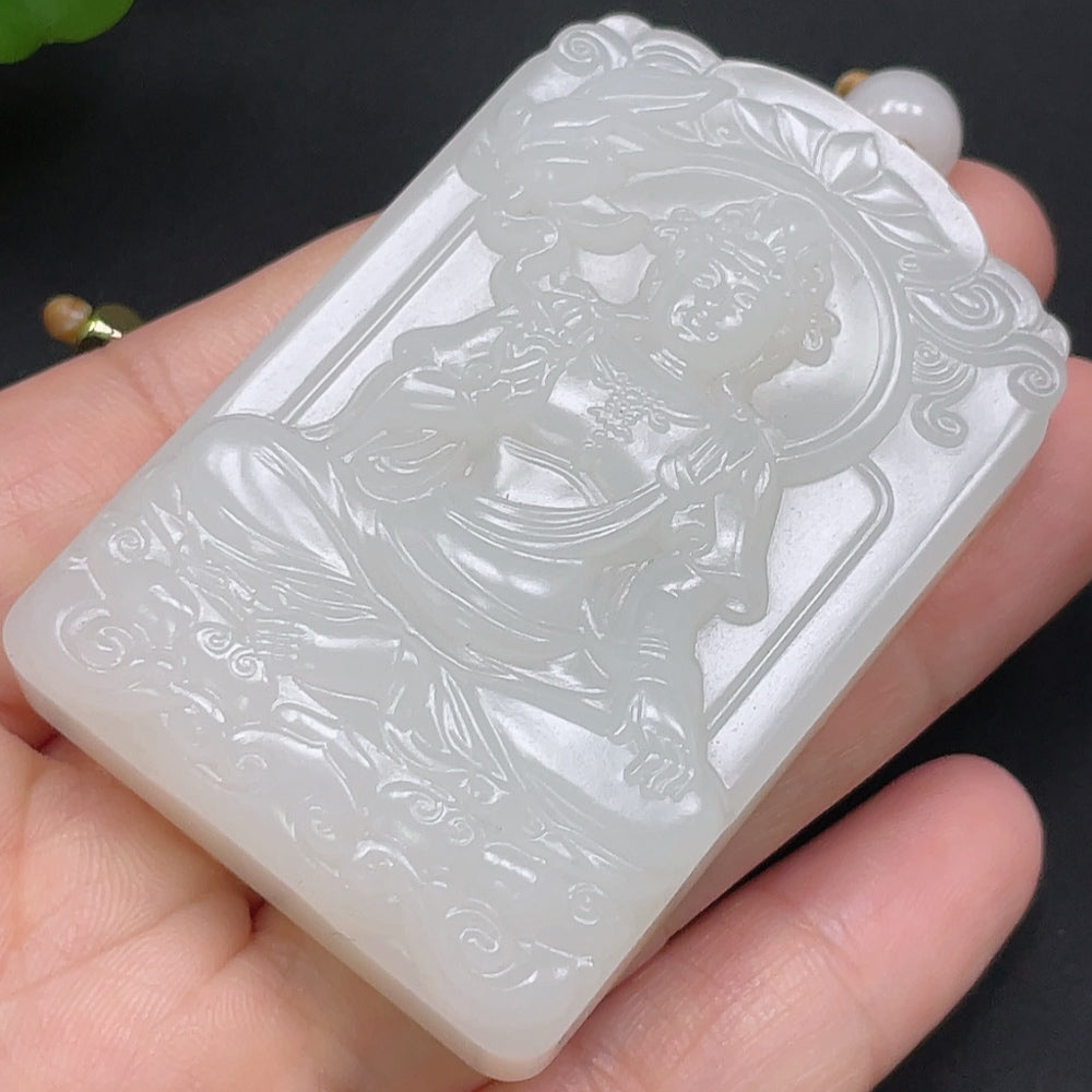 Hetian Jade Guanyin pendant necklace with rope, featuring a detailed carved figure, weighs approximately 71.37g, by HKHQ.