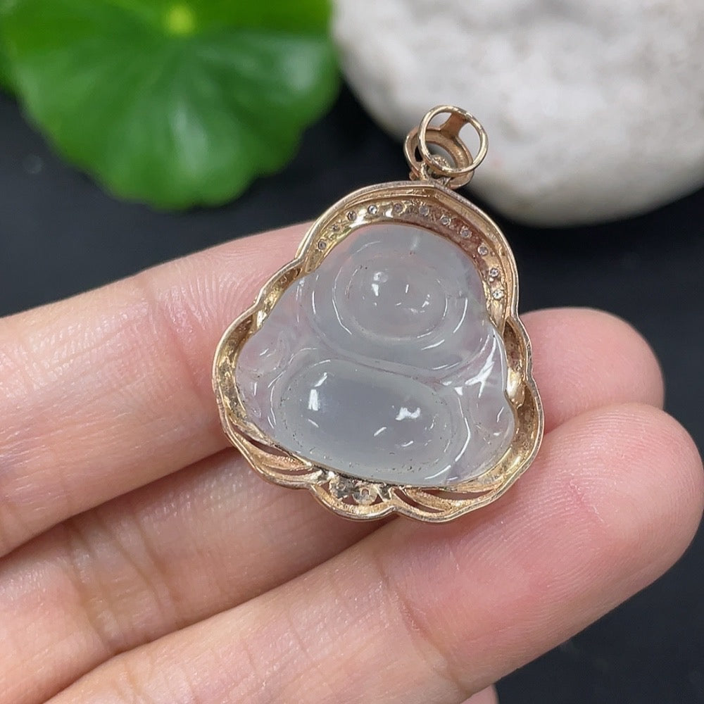 Jadeite Inlaid Buddha Pendant with 18k Gold and Diamond Accents, Total Weight Approximately 374g