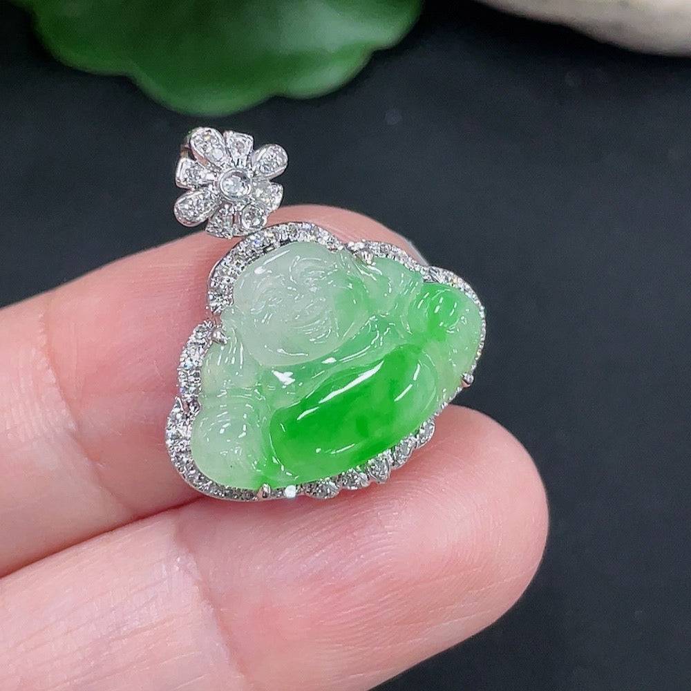 Jadeite Buddha pendant with 18K gold setting and diamond accents, crafted from green jade, weighs approximately 2.7 grams.