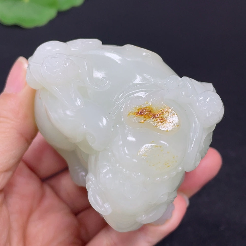 HKHQ Hetian Jade handheld carving depicting symbols of attaining high rank and position, detailed jade craftsmanship.