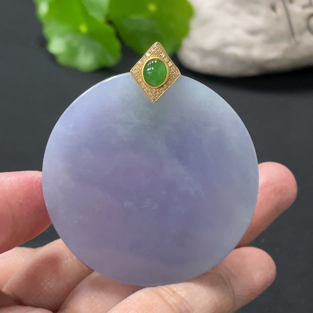 Jadeite plain pendant with 18K gold clasp and diamond accents, showcasing smooth green jade and elegant design.