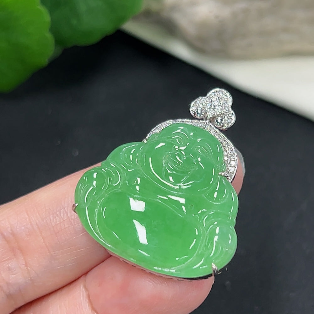 Jadeite Buddha Pendant Set in 18K Gold (with Diamond Accents)