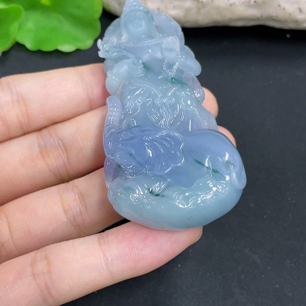 Jadeite pendant featuring Samantabhadra icon, smooth green gemstone necklace from HKHQ, showcasing intricate carved details.