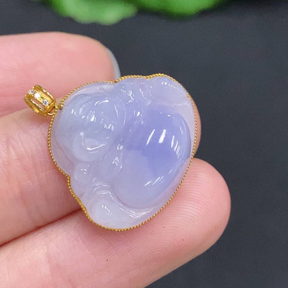 Jadeite Buddha pendant set in 18K gold, featuring a jade Buddha charm with a delicate gold chain, weighing approximately 3 grams.