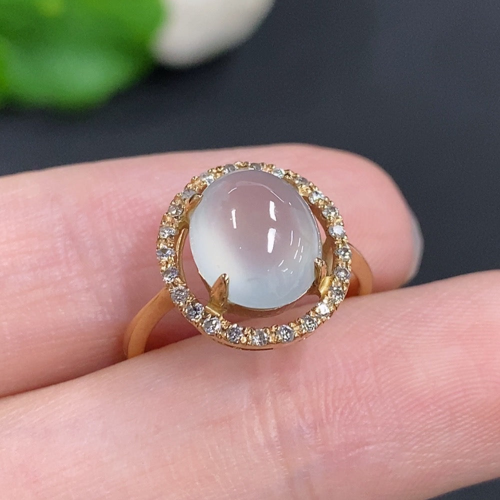 Jadeite Cabochon Ring 18k Gold Total Weight Approx. 2.8g Size 10 with Diamond Accents