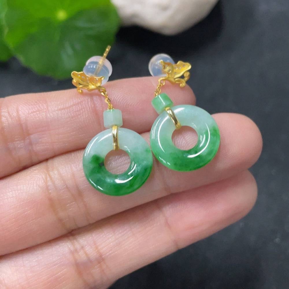HUILIU HQ jadeite earrings with 18k gold and diamond accents, showcasing elegant jade jewelry with gold and sparkling diamonds