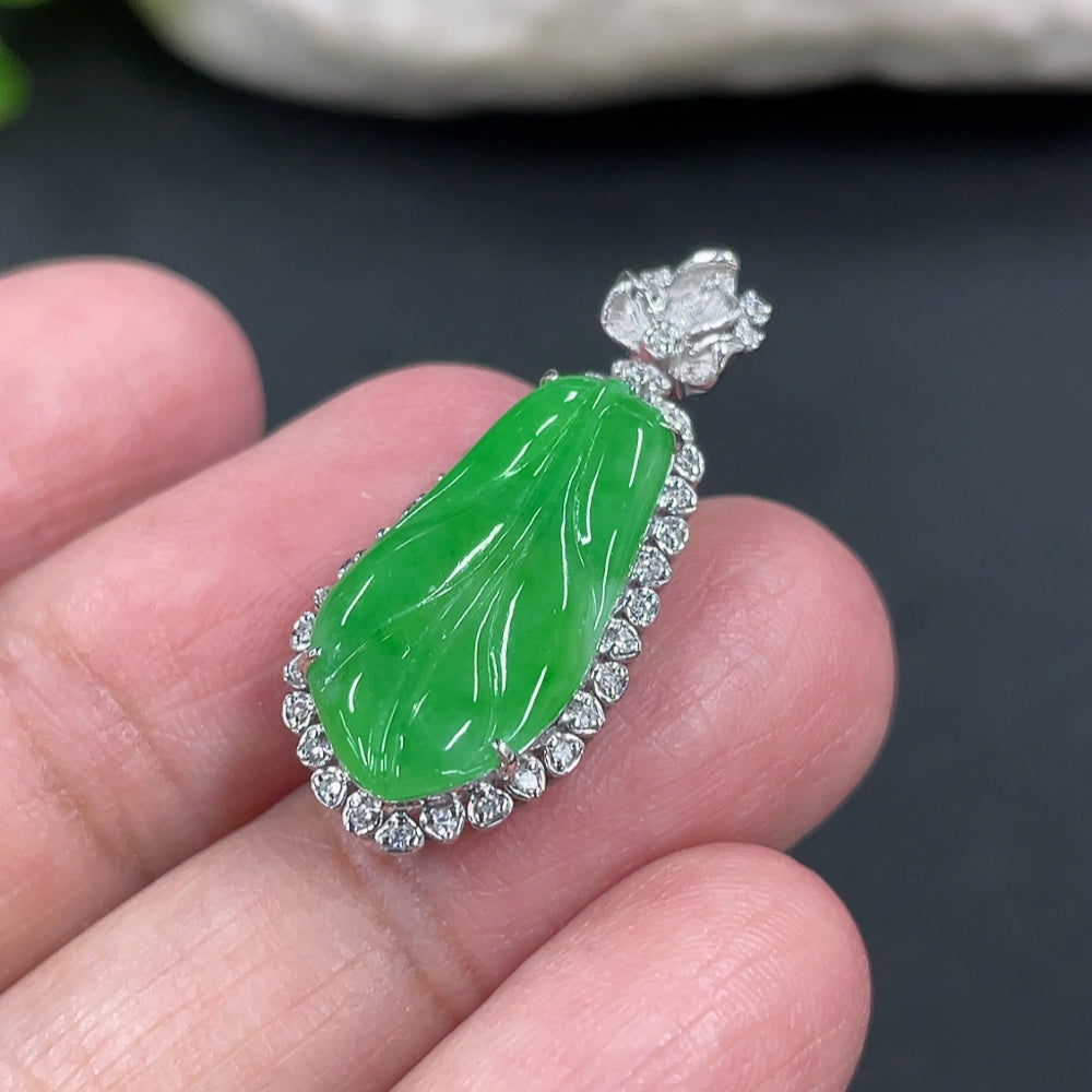 Jadeite Leaf Inlaid Pendant with Diamond Accents . | Huiliu Certified