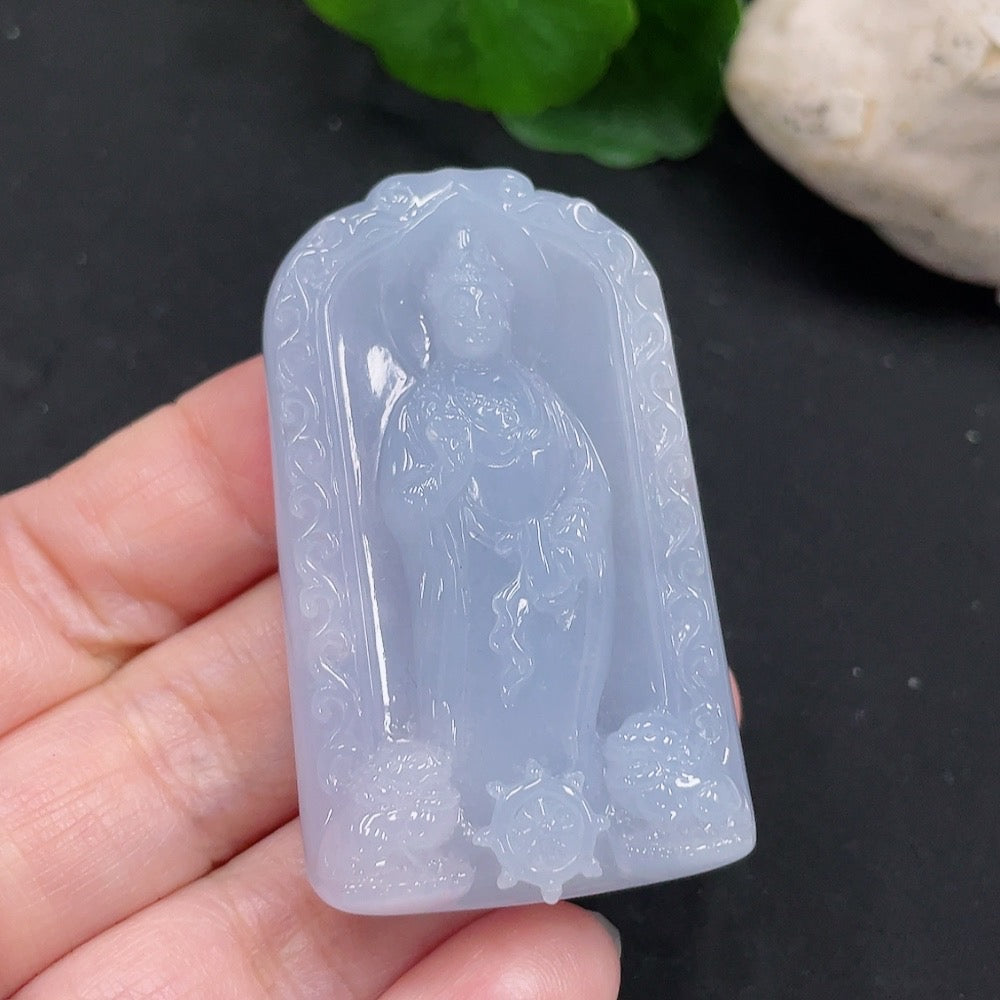 Jadeite Guanyin pendant crafted from green jade, weighing approximately 45.2 grams, displayed with detailed carving and polished finish.
