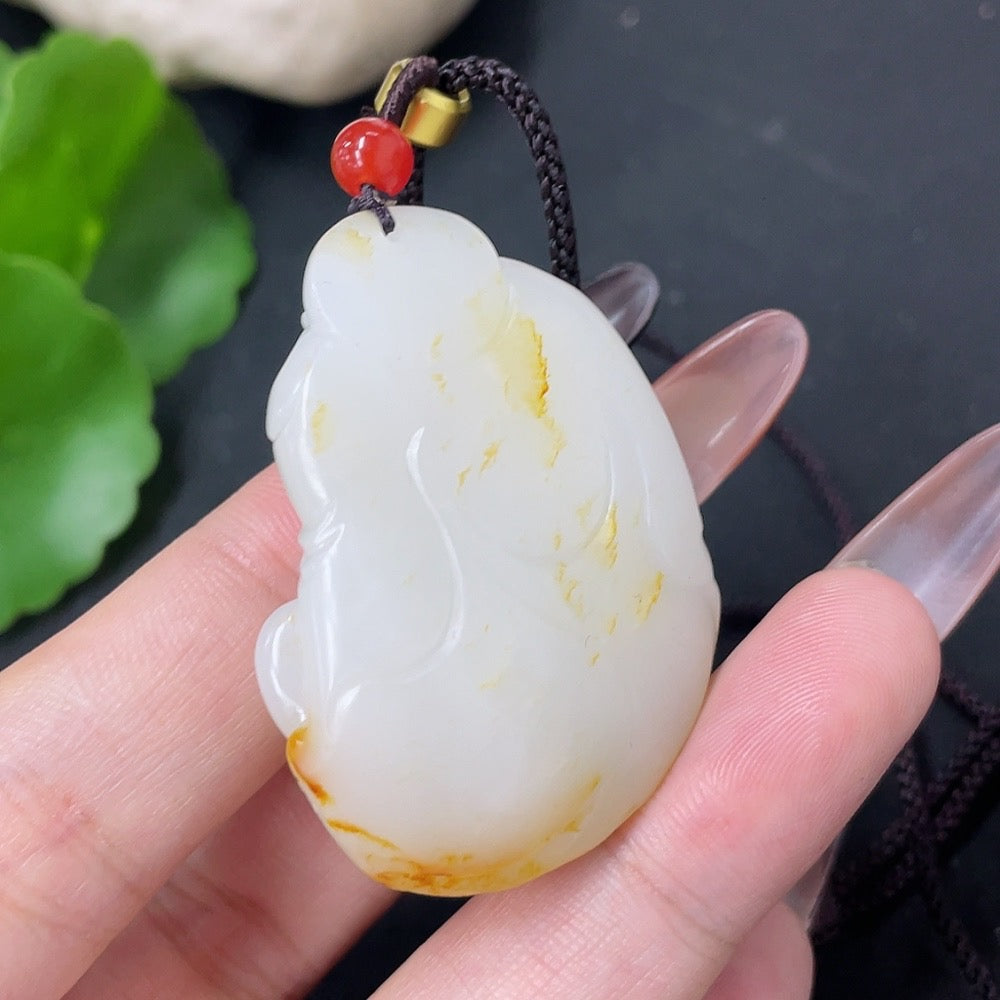 Hetian Jade Pendant - Buddha Statue, Undetermined Skin Color Origin, Contains Other Mineral Components, Beads Not Hetian Jade, Total Weight Approximately (Including Cord) 28.8g