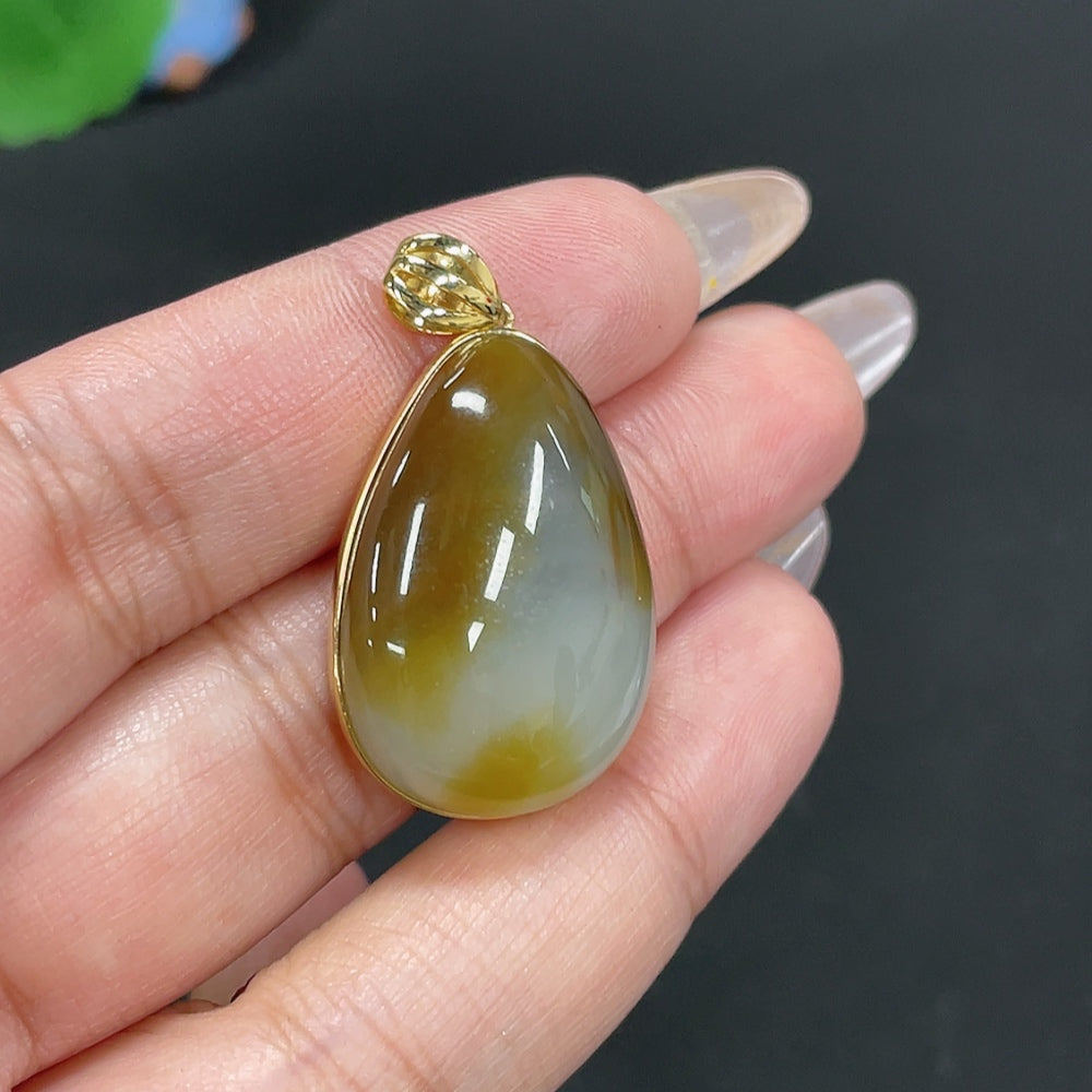 Hetian Jade Inlaid Pendant Water Drop Total Weight Approx. 9.5g 18k