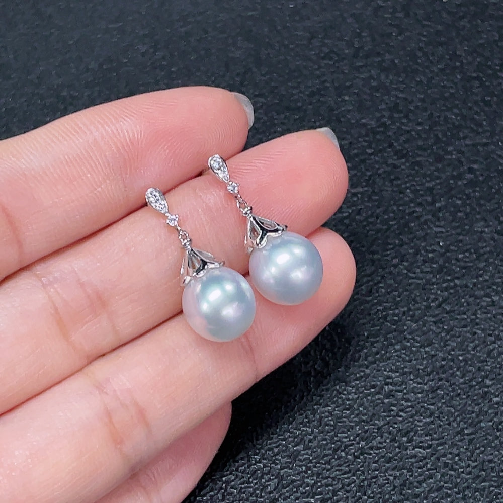 HKHQ seawater pearl earrings with 18K gold, 9.4mm pearls, non-diamond, total weight 3.75g, elegant jewelry for women