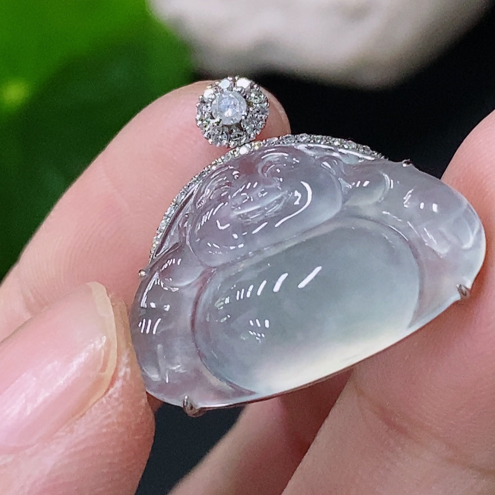 Jadeite Inlaid Buddha Pendant with 18k Gold and Diamond Accents, Total Weight Approximately 3.13g
