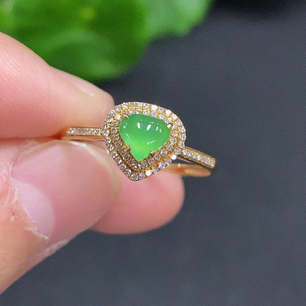 Jadeite ring with 18K gold band, accented with diamonds, size 15, from HUILIU HQ, showcasing the detailed craftsmanship.
