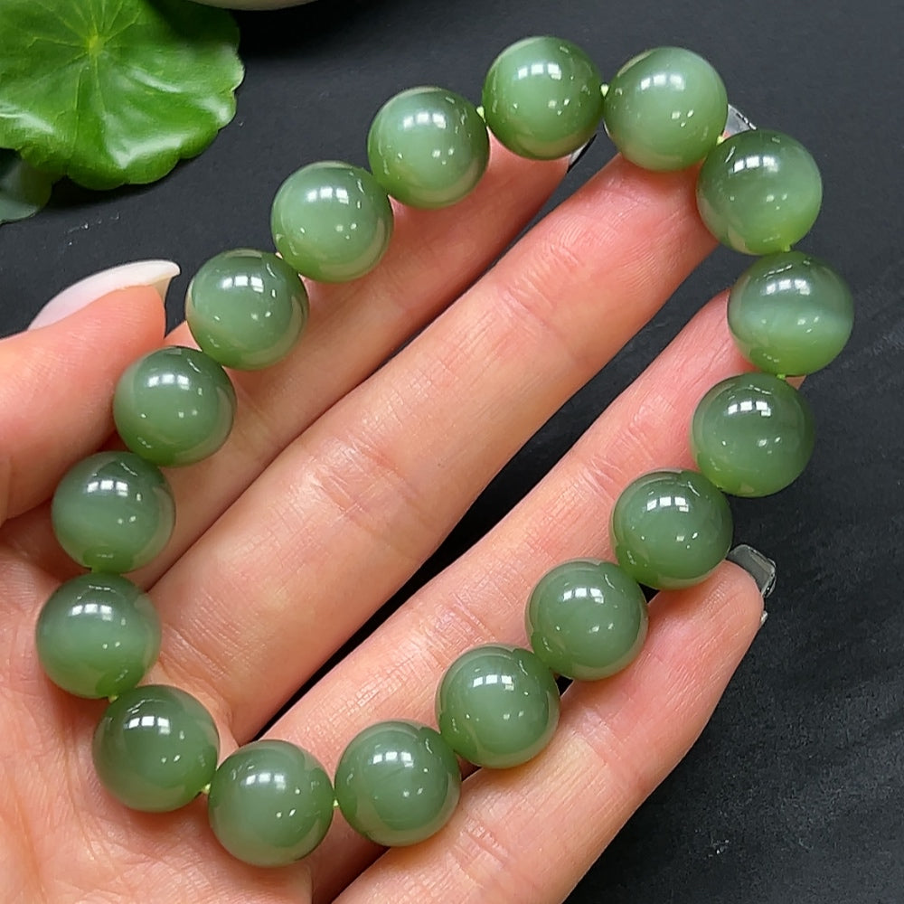 HKHQ Hetian Jade bracelet with 11.8mm smooth, polished jade beads, stylish and elegant accessory for jewelry collection