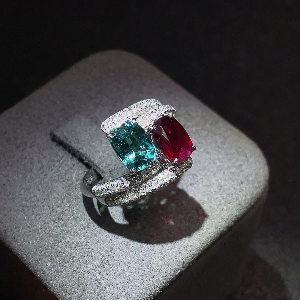 18K Tourmaline Ring + 18K Ruby Ring with Diamond Accents, Total Weight Approx. 4.81g, Size 13, Sell as a Lot, GILDER Certificate: Pigeon Blood, Tanzania (Longido Mine), No Heat, Vivid to Deep Red, 1.14ct