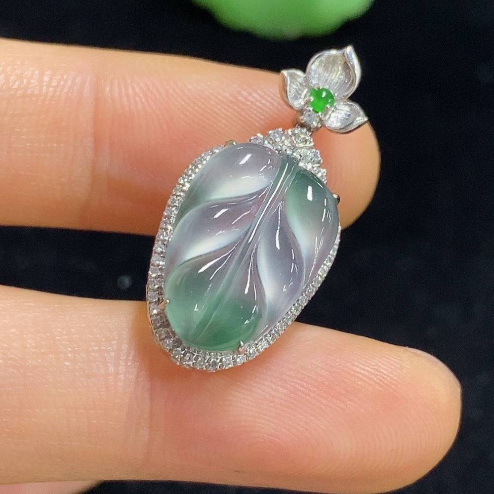 HUILIU HQ jadeite leaf inlaid pendant with 18k gold and diamond accents, featuring intricate leaf design and polished finish.