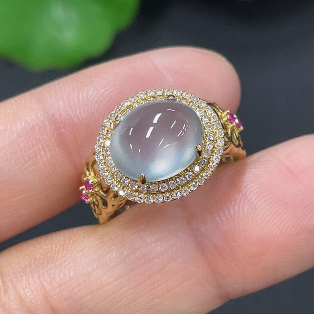 Huiliu Jadeite ring with inlaid diamond, showcasing a polished jade band with a sparkling colorless diamond accent.