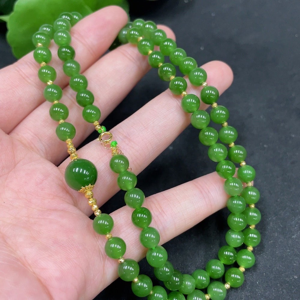 Hetian Jade Jasper bead necklace with 6mm gold-content jade beads, weighs 27.9g, featuring natural stone and gold accents.