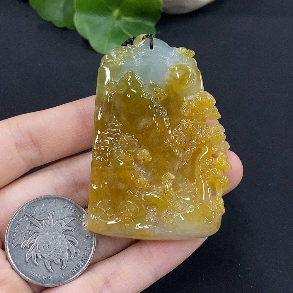 Jadeite landscape pendant by HUILIU HQ featuring intricate carved jade in a scenic landscape design, weighing approximately 43.4 grams.